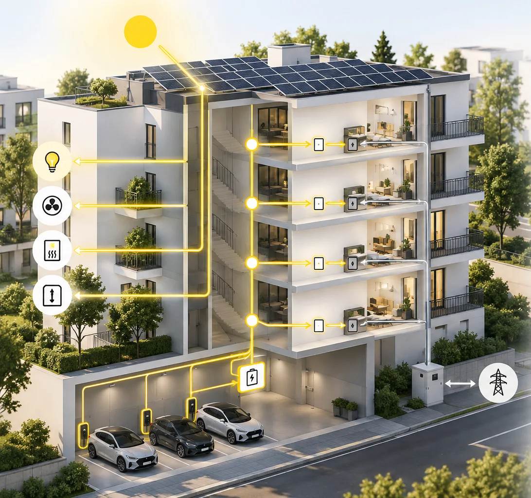 Mehrfamilienhaus mit Photovoltaikanlage, Wohnungen, Wärmepumpe, Batteriespeicher und Ladepunkten