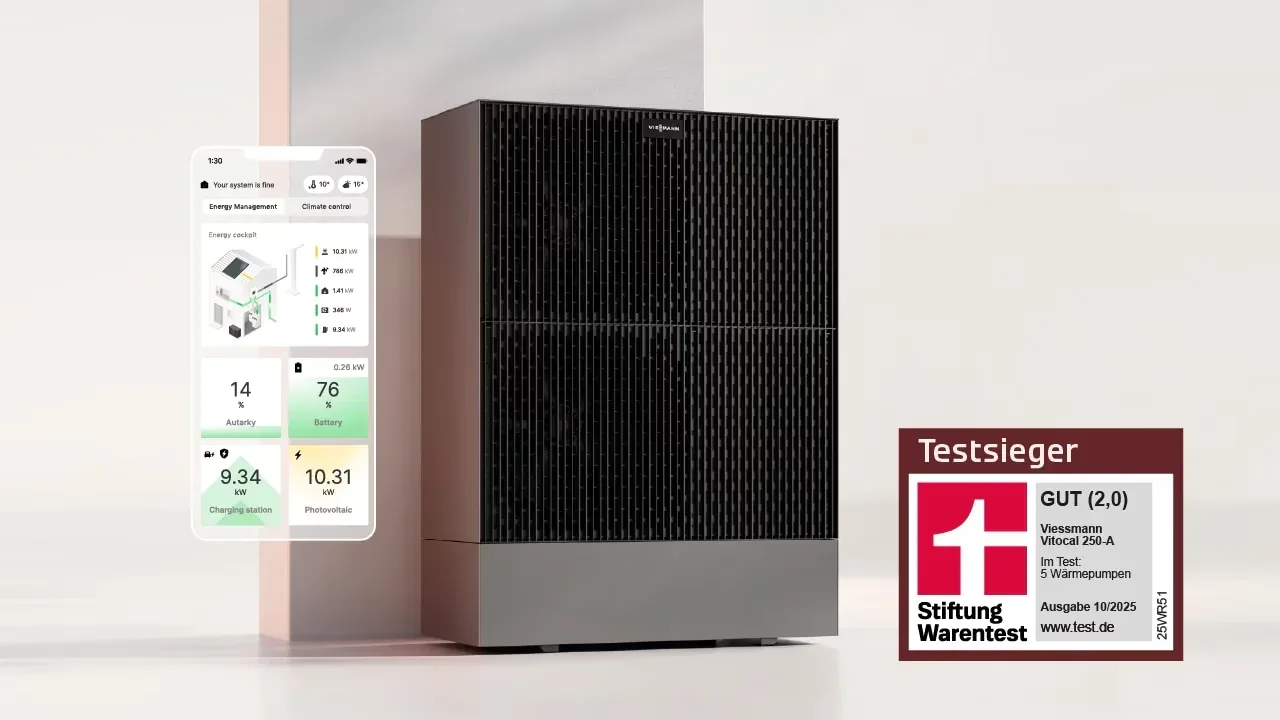 Testsiegel der Stiftung Warentest für die Viessmann Vitocal 250-A, Note GUT (2,0), Ausgabe 10/2025